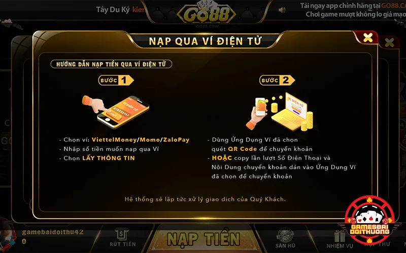 Ví điện tử Momo, ZaloPay, Viettel Money hỗ trợ nạp tiền GO88