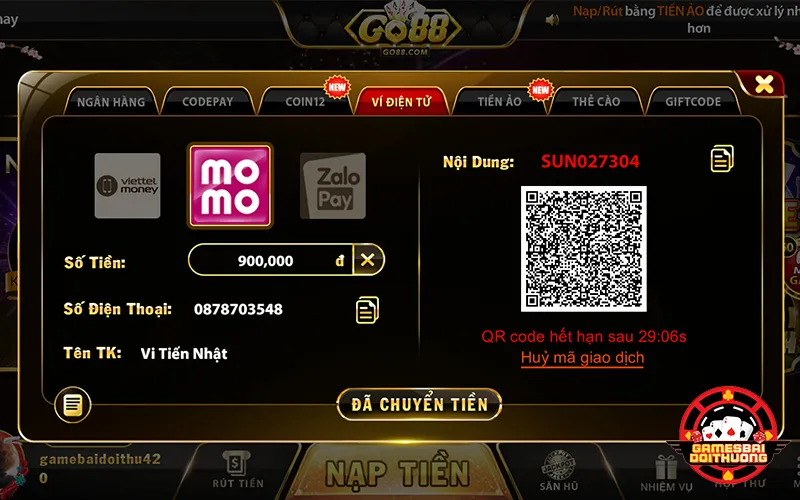 Hướng dẫn nạp tiền GO88 bằng Momo, ZaloPay, Viettel Money