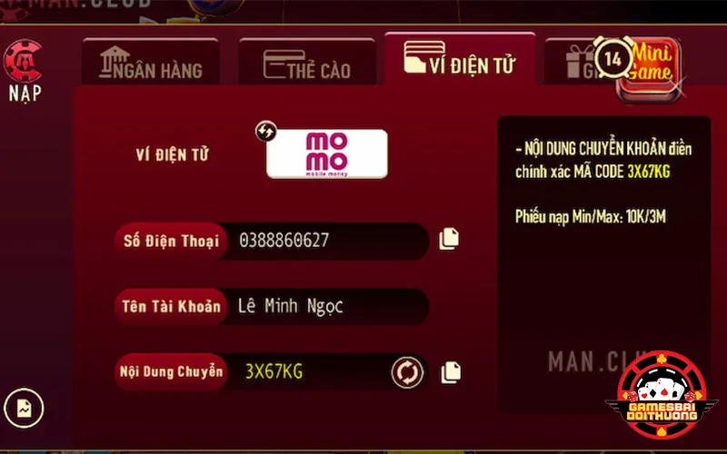 Nạp tiền game bài đổi thưởng bằng ví điện tử