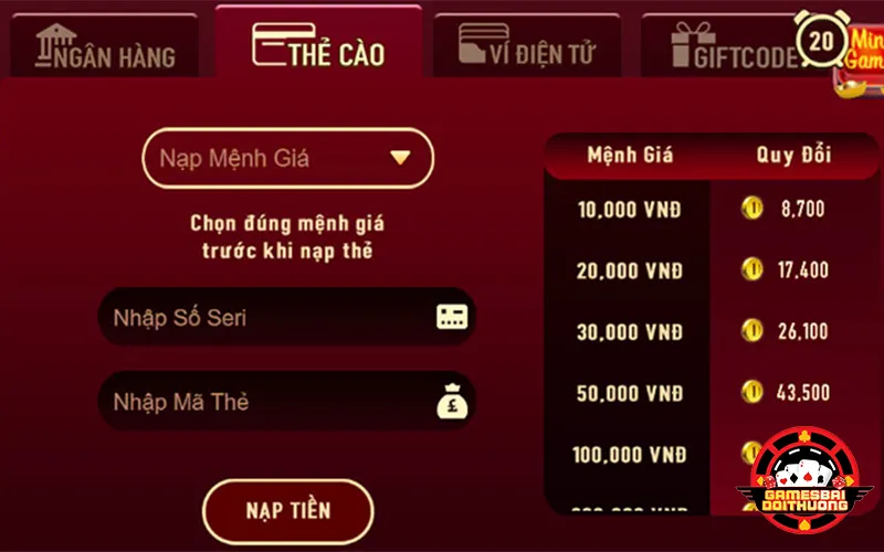 Cách nạp tiền game bài tại Manclub với thẻ cào