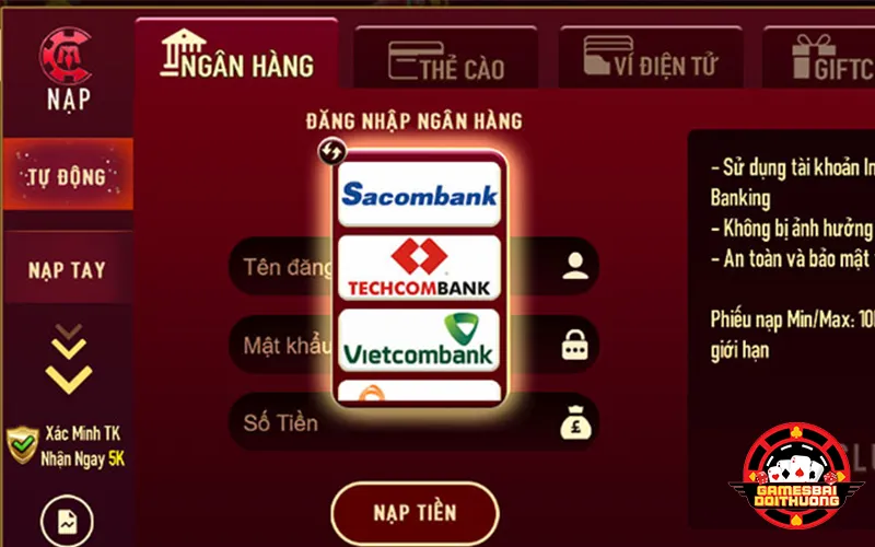 Nạp tiền game bài đổi thưởng online qua Ngân hàng