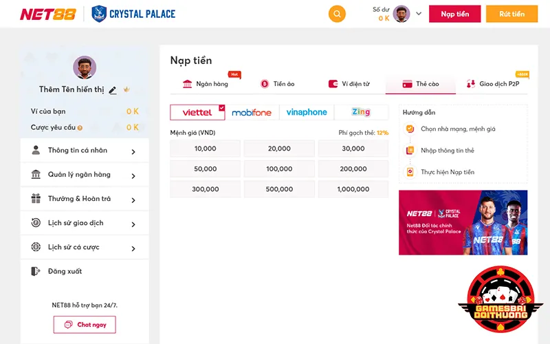 Nạp tiền Net88 bằng thẻ cào điện thoại