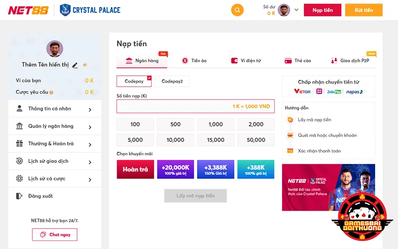 Hướng dẫn nạp tiền Net88 qua Codepay