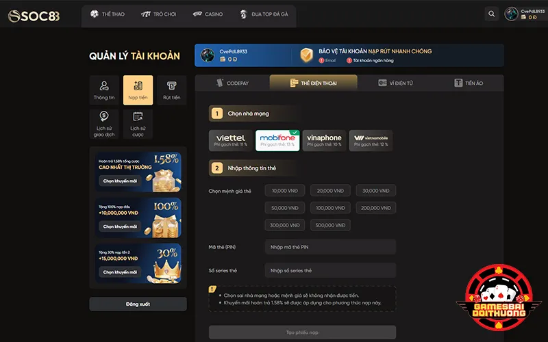 Nạp tiền SOC88 bằng thẻ cào điện thoại từ các nhà mạng