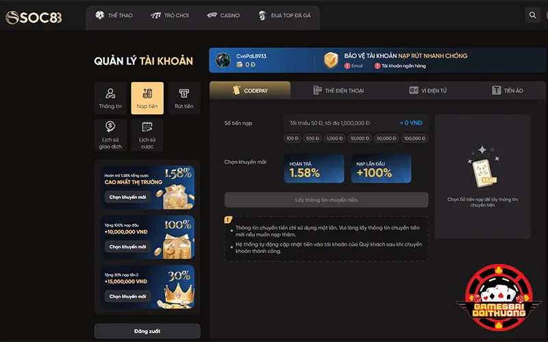 Hướng dẫn chi tiết nạp tiền SOC88 qua CodePay